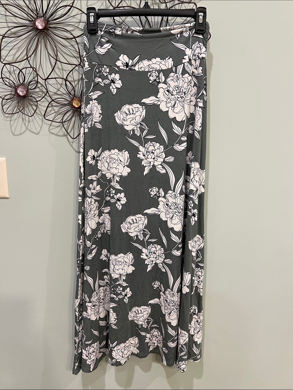 Floral Olive Green Maxi Skirt with White Bloom Print
